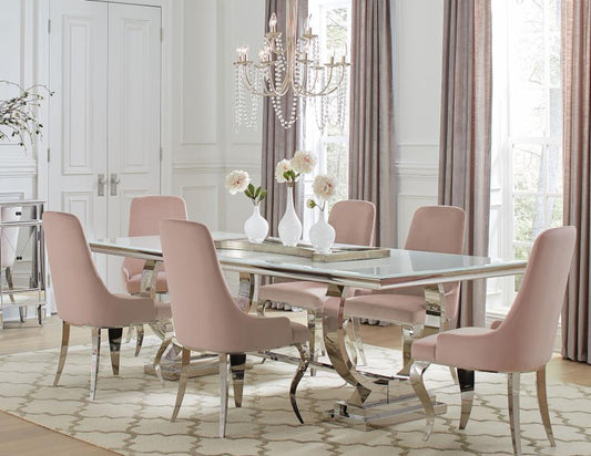 Vintage Glam 7 piece Dining Table Set Chrome Pink Velvet Chairs