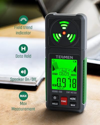 TESMEN EMF Meter, Hound-200 EMF Detector: 3-in-1 Portable Electromagnetic Field Radiation Detector for EF, RF, MF, WiFi Signal, Suitable for Home, Office EMF Inspections and Ghost Hunting - Green