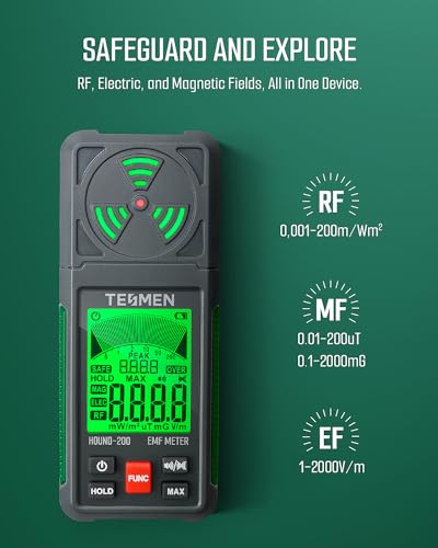 TESMEN EMF Meter, Hound-200 EMF Detector: 3-in-1 Portable Electromagnetic Field Radiation Detector for EF, RF, MF, WiFi Signal, Suitable for Home, Office EMF Inspections and Ghost Hunting - Green