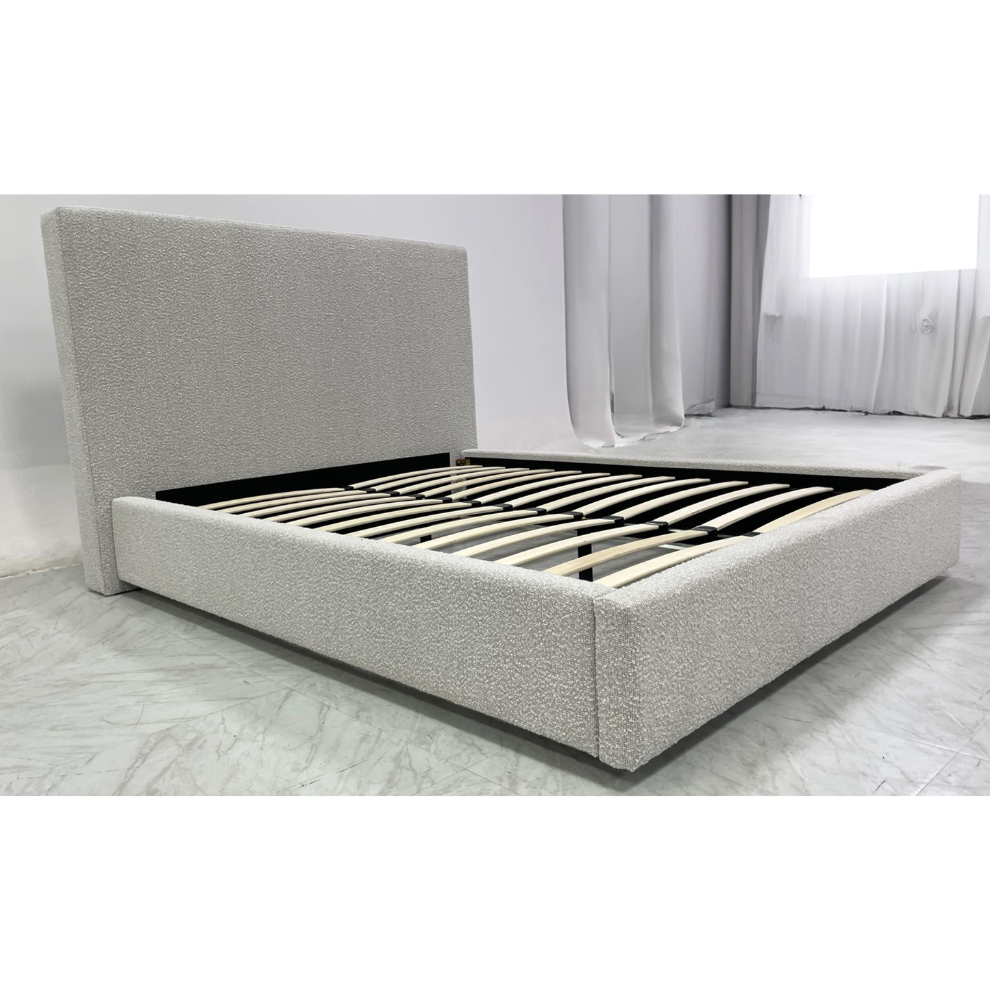 One Upholstered Platform Bed in Cotton Ball Boucle