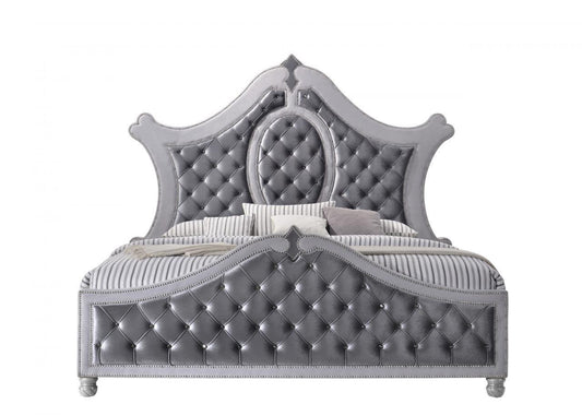 Vintage Glam Style Bed Frame Gray Velvet Tufted Accents