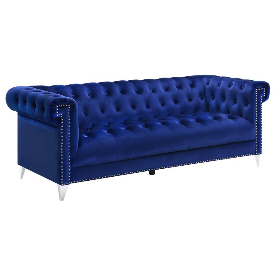 Glam Blue Upholstered Tuxedo Arm Tufted Sofa