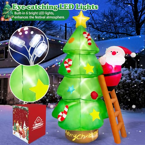 MICOCAH 7 FT Christmas Inflatable Tree with Santa Claus Outdoor Decorations, Christmas Inflatables Tree Blow Up Yard Decoration Build-in LEDs Lighted Décor for Xmas Holiday Outside Garden Lawn Patio