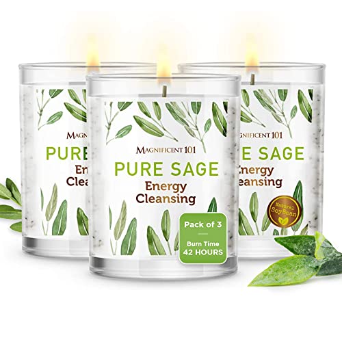 Magnificent 101 Set of 3 Long Lasting Pure Sage Smudge Candles, 42 Hour Burn - 3.5 Oz Each, Made of Soy Wax Candle for House Energy Cleansing, Meditation & Manifestation