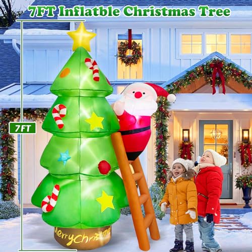 MICOCAH 7 FT Christmas Inflatable Tree with Santa Claus Outdoor Decorations, Christmas Inflatables Tree Blow Up Yard Decoration Build-in LEDs Lighted Décor for Xmas Holiday Outside Garden Lawn Patio