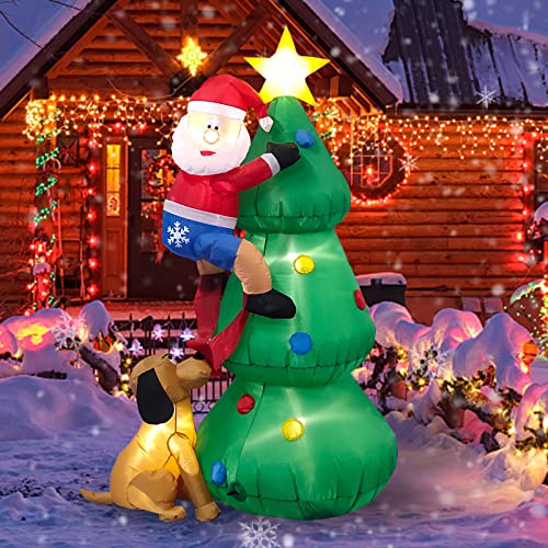 MICOCAH 6FT Inflatable Christmas Tree Outdoor Decoration - Lighted Christmas Blow Up Santa Climbing Tree Chased by Dog Built-in LED Lights for Holiday Xmas Party Indoor Garden Lawn Yard Decorations