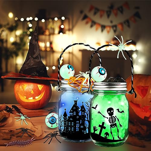 Halloween Craft Kit for Kids, 4 pcs Glass Mason Jar with Accessories for DIY Lantern Jar, Halloween Art & Craft Party Supplies, Halloween Art Activities,Halloween Craft and Art Party Supplies