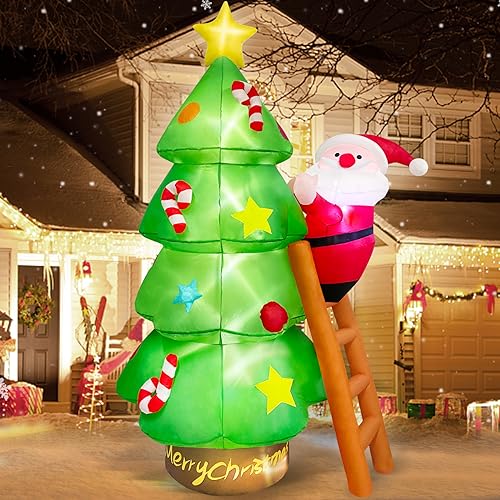 MICOCAH 7 FT Christmas Inflatable Tree with Santa Claus Outdoor Decorations, Christmas Inflatables Tree Blow Up Yard Decoration Build-in LEDs Lighted Décor for Xmas Holiday Outside Garden Lawn Patio