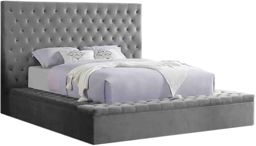 Gray Velvet Side Storage Bed Frame