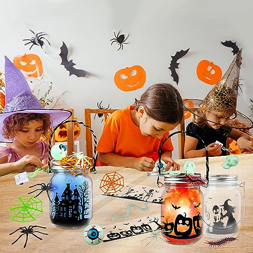 Halloween Craft Kit for Kids, 4 pcs Glass Mason Jar with Accessories for DIY Lantern Jar, Halloween Art & Craft Party Supplies, Halloween Art Activities,Halloween Craft and Art Party Supplies