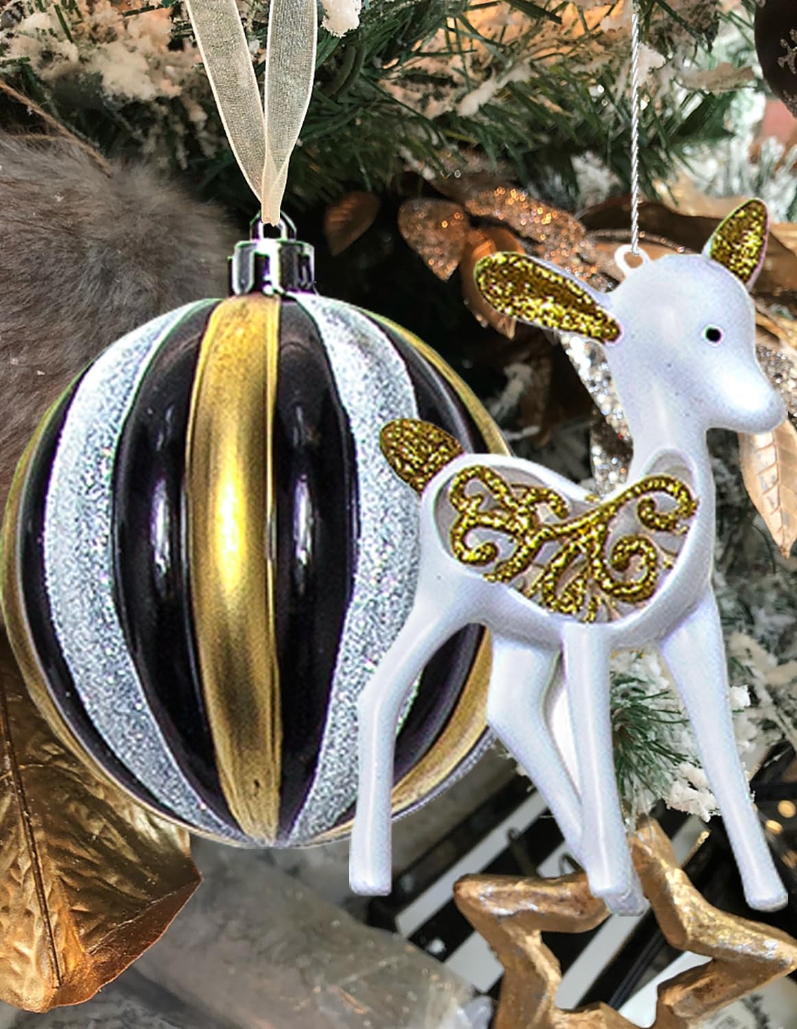 Christmas Ball Ornaments Set, 59 ct Black Gold Xmas Assorted Ornament, Deer Theme Shatterproof