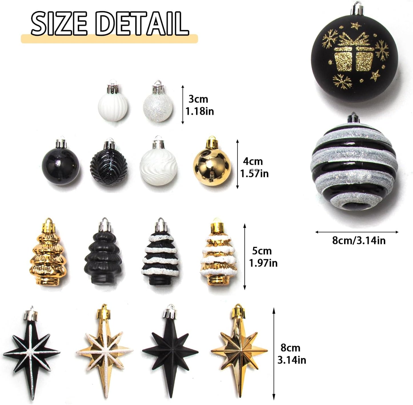 Christmas Ball Ornaments Set, 59 ct Black Gold Xmas Assorted Ornament, Deer Theme Shatterproof