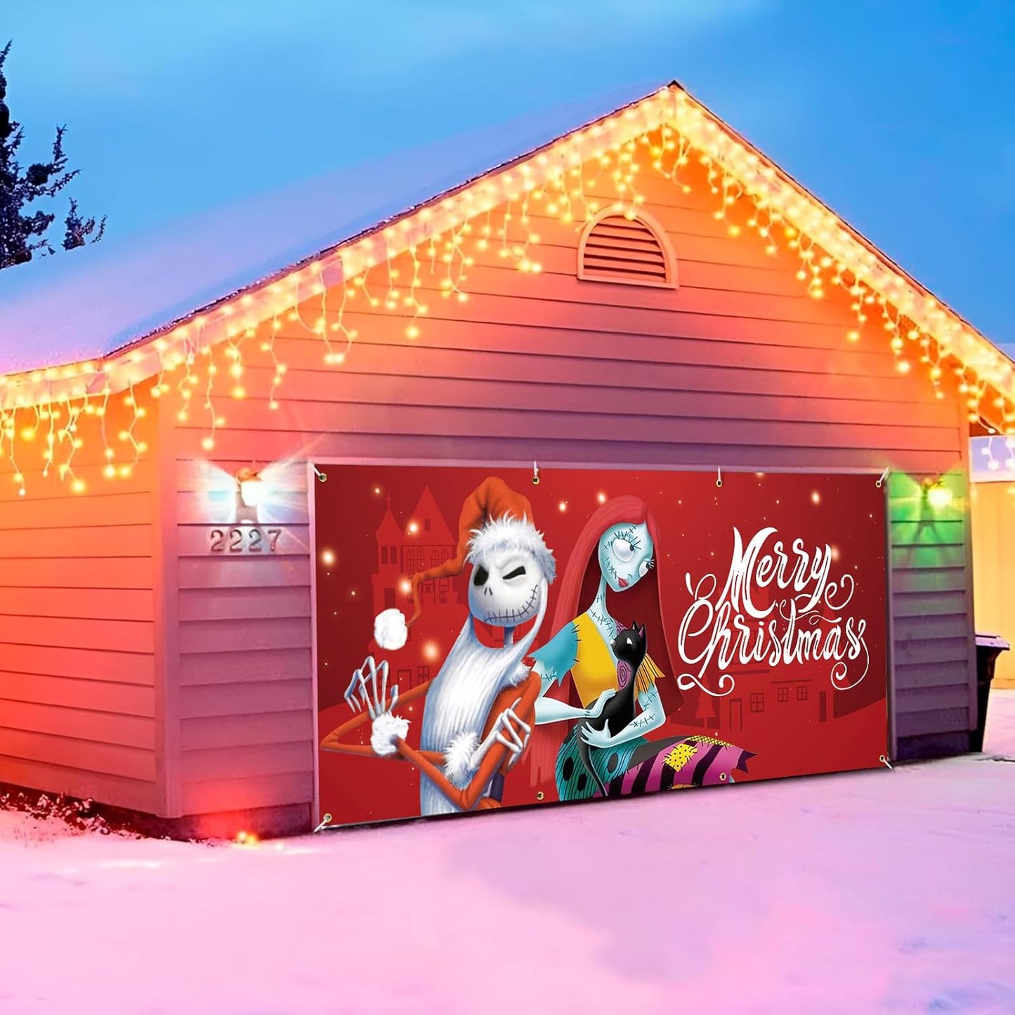 Jack Sally Christmas Garage Door Banner 16 x 7 ft, Nightmare Christmas Garage Decorations Holiday Merry Christmas Door Cover Backdrop Background for Photo Christmas Party Outdoor Banner