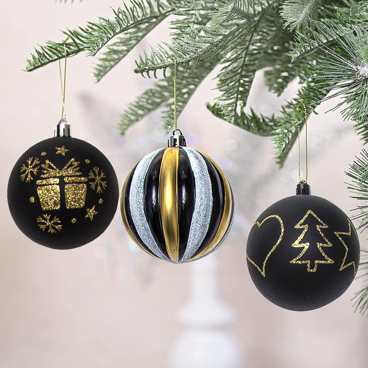 Christmas Ball Ornaments Set, 59 ct Black Gold Xmas Assorted Ornament, Deer Theme Shatterproof