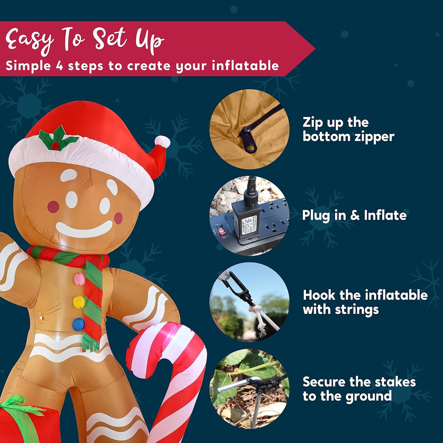 8 FT Christmas Inflatable Gingerbread Man with Candy Cane, Blow Up Inflatable Yard Decoration Build-in LEDs Inflatable Christmas Party Indoor Outdoor