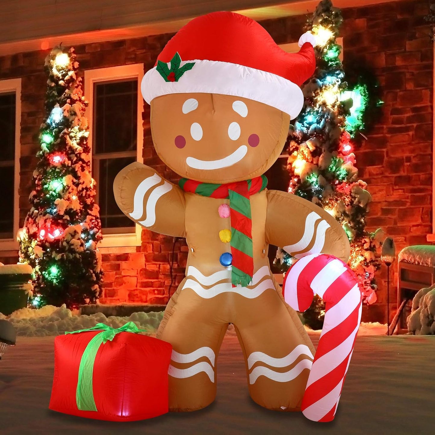 8 FT Christmas Inflatable Gingerbread Man with Candy Cane, Blow Up Inflatable Yard Decoration Build-in LEDs Inflatable Christmas Party Indoor Outdoor