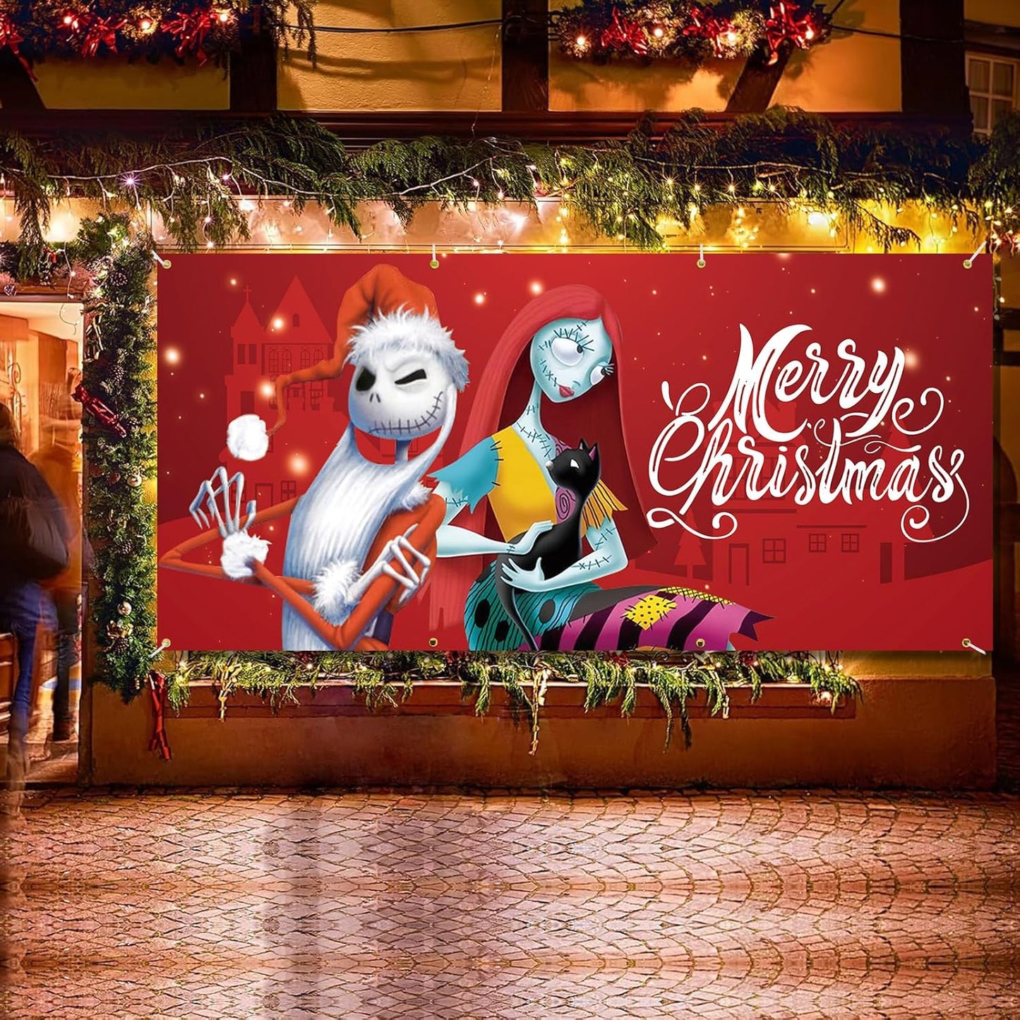 Jack Sally Christmas Garage Door Banner 16 x 7 ft, Nightmare Christmas Garage Decorations Holiday Merry Christmas Door Cover Backdrop Background for Photo Christmas Party Outdoor Banner