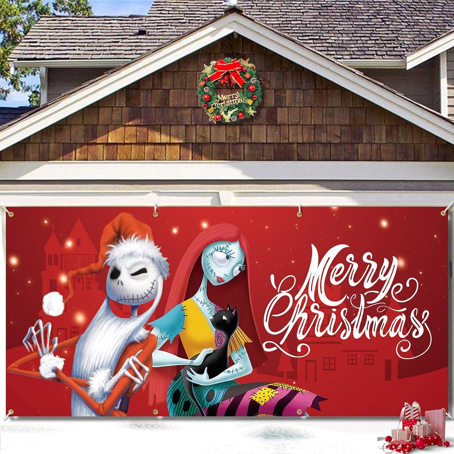 Jack Sally Christmas Garage Door Banner 16 x 7 ft, Nightmare Christmas Garage Decorations Holiday Merry Christmas Door Cover Backdrop Background for Photo Christmas Party Outdoor Banner