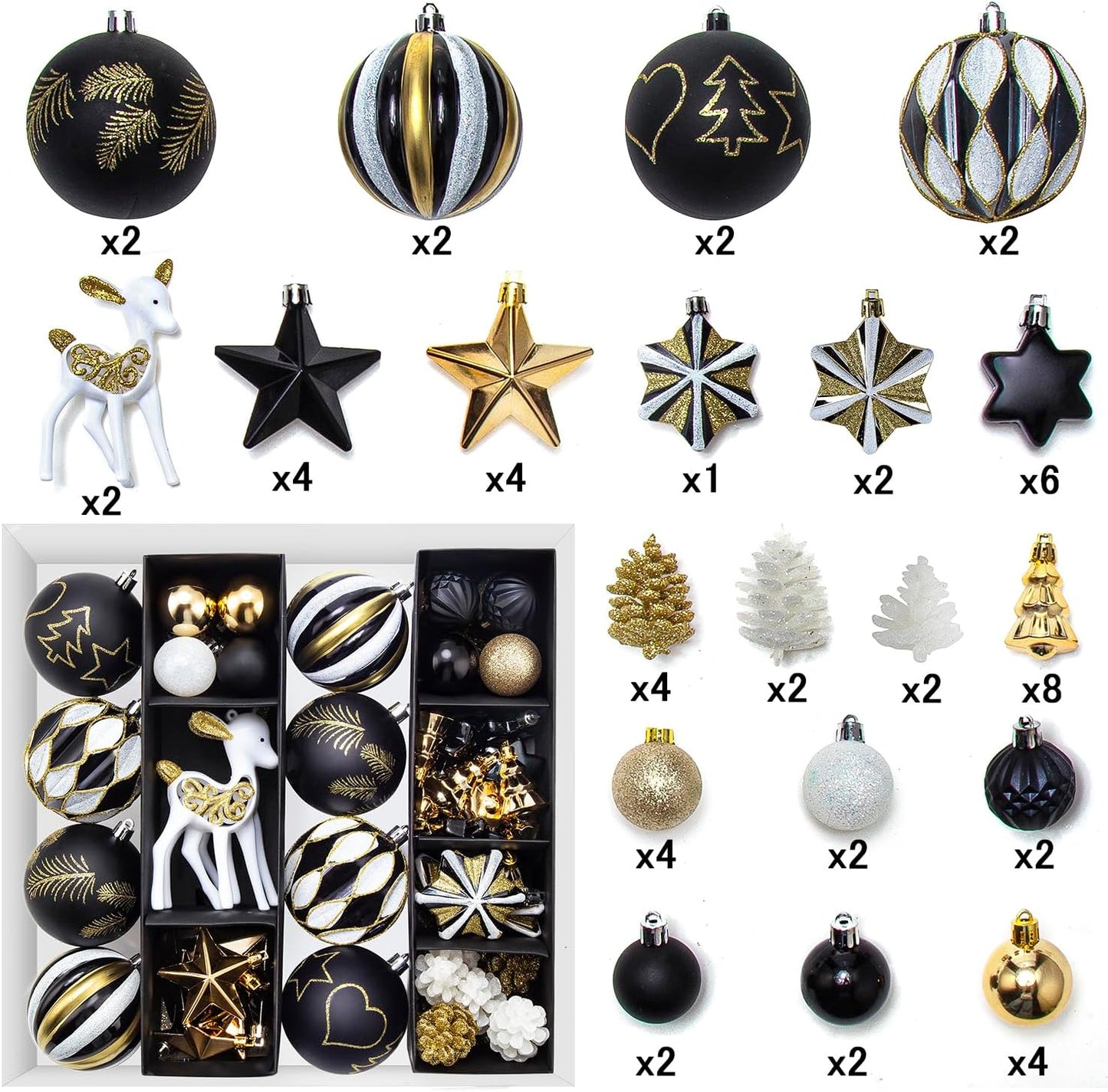 Christmas Ball Ornaments Set, 59 ct Black Gold Xmas Assorted Ornament, Deer Theme Shatterproof