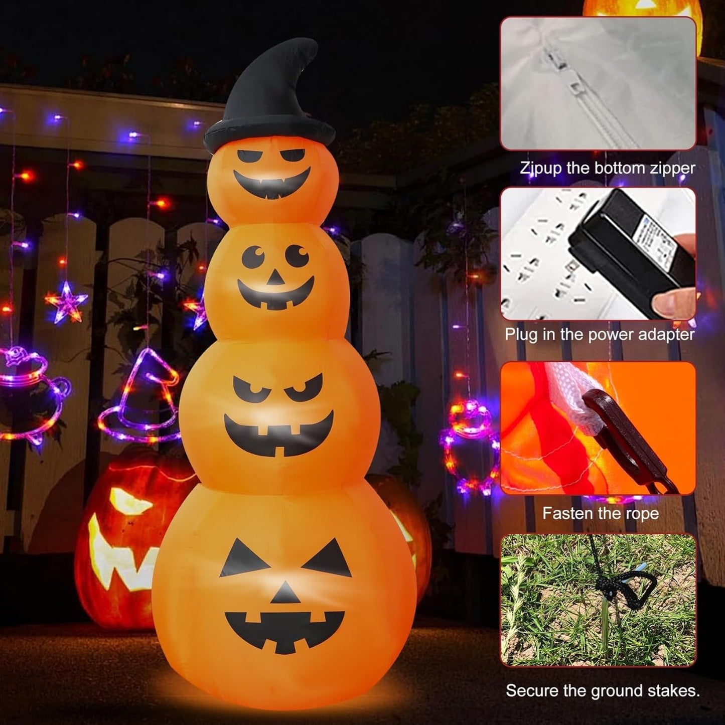 8FT Halloween Inflatable Stacked Pumpkins with Witch’s Hat, Blow up 4 Pumpkins Inflatable with Build-in LED Lights Outdoor Decorations Large Party Yard Decoration