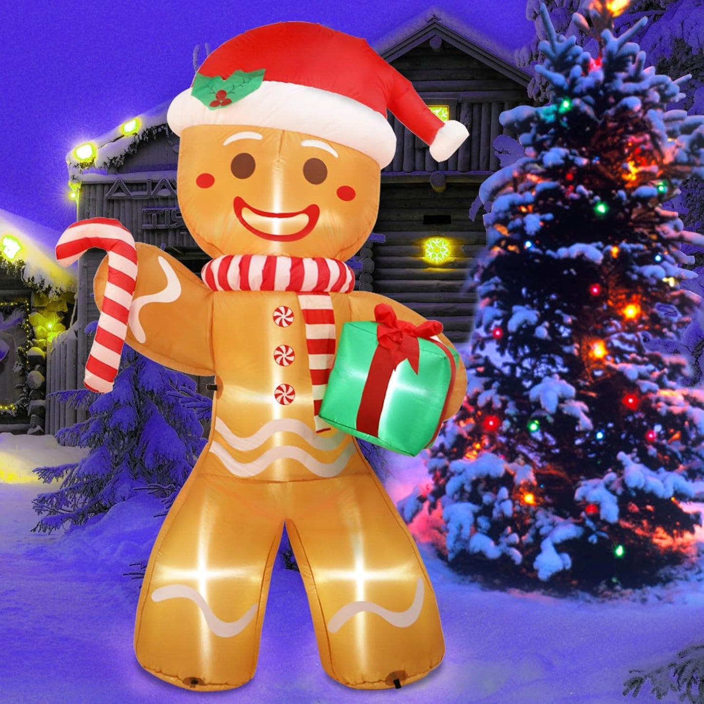 8 FT Christmas Inflatables Decoration Gingerbread Man with Built-in LEDs Blow Up Inflatables for Xmas Party Indoor