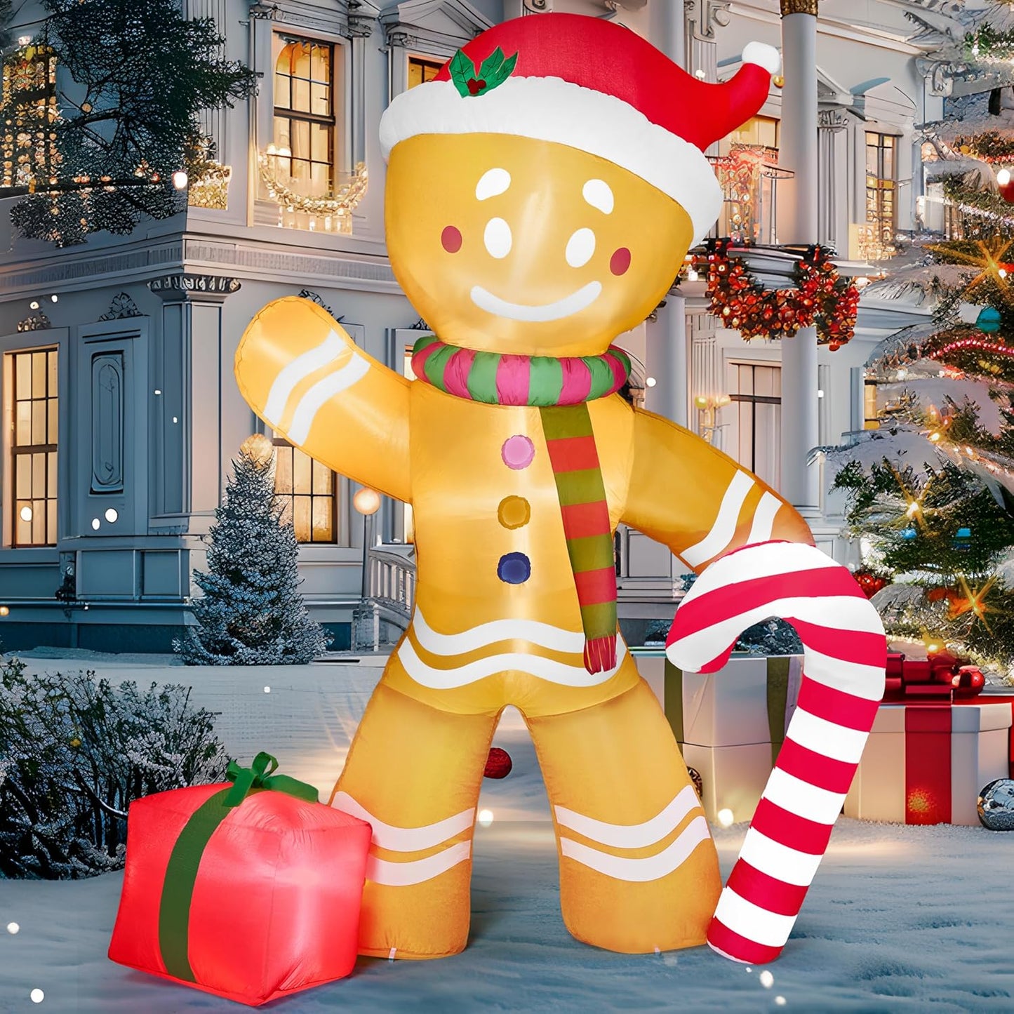 8 FT Christmas Inflatable Gingerbread Man with Candy Cane, Blow Up Inflatable Yard Decoration Build-in LEDs Inflatable Christmas Party Indoor Outdoor