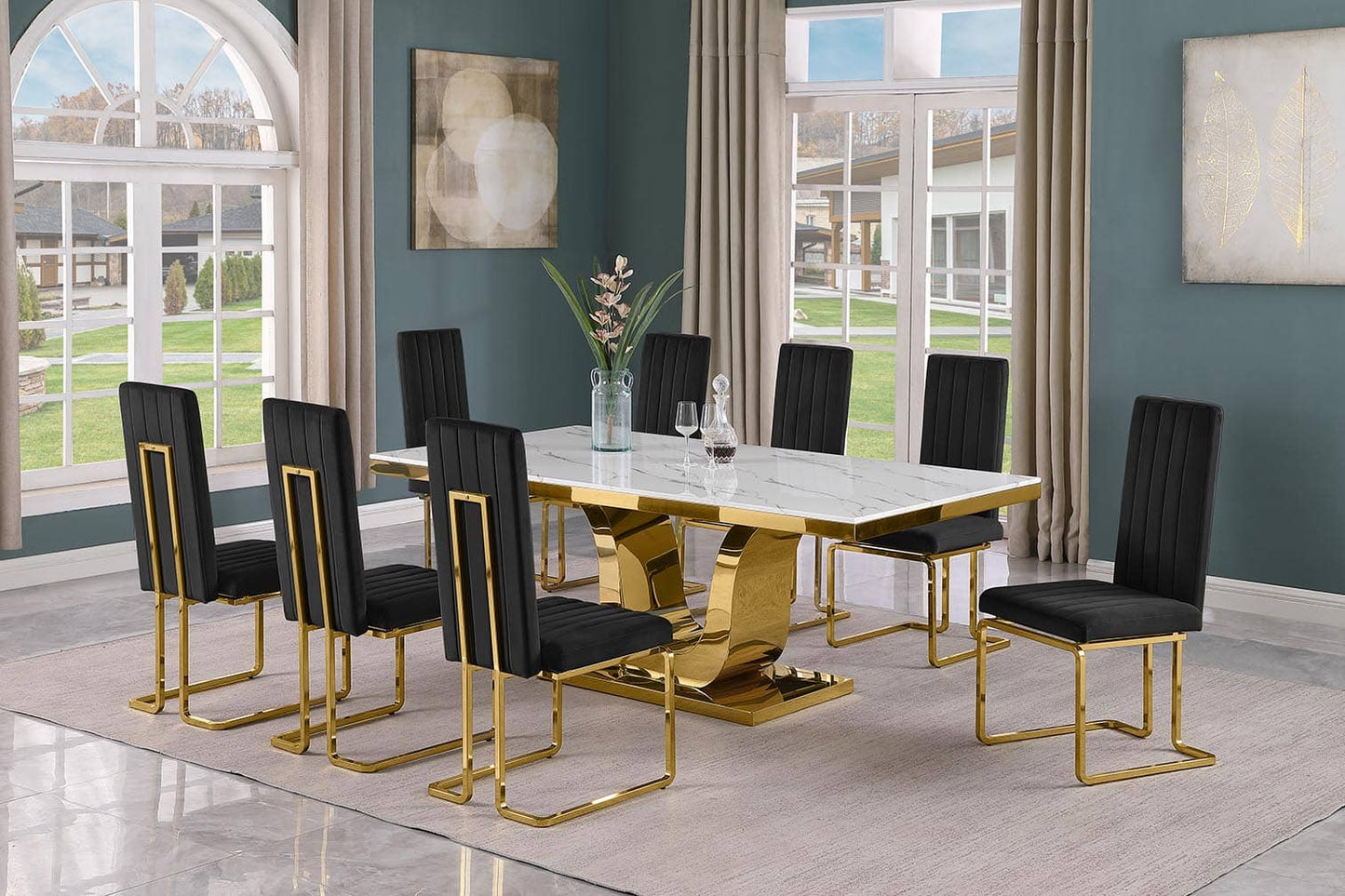 Art Deco Glam 9 piece Marble Top Dining Table Set Black Velvet Chairs