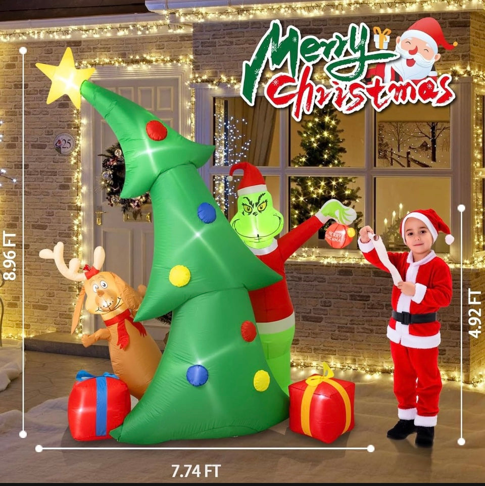 9 FT Christmas Tree Inflatable Christmas Inflatables Decorations Dog Grinch LED Lights Indoor Outdoor Garden