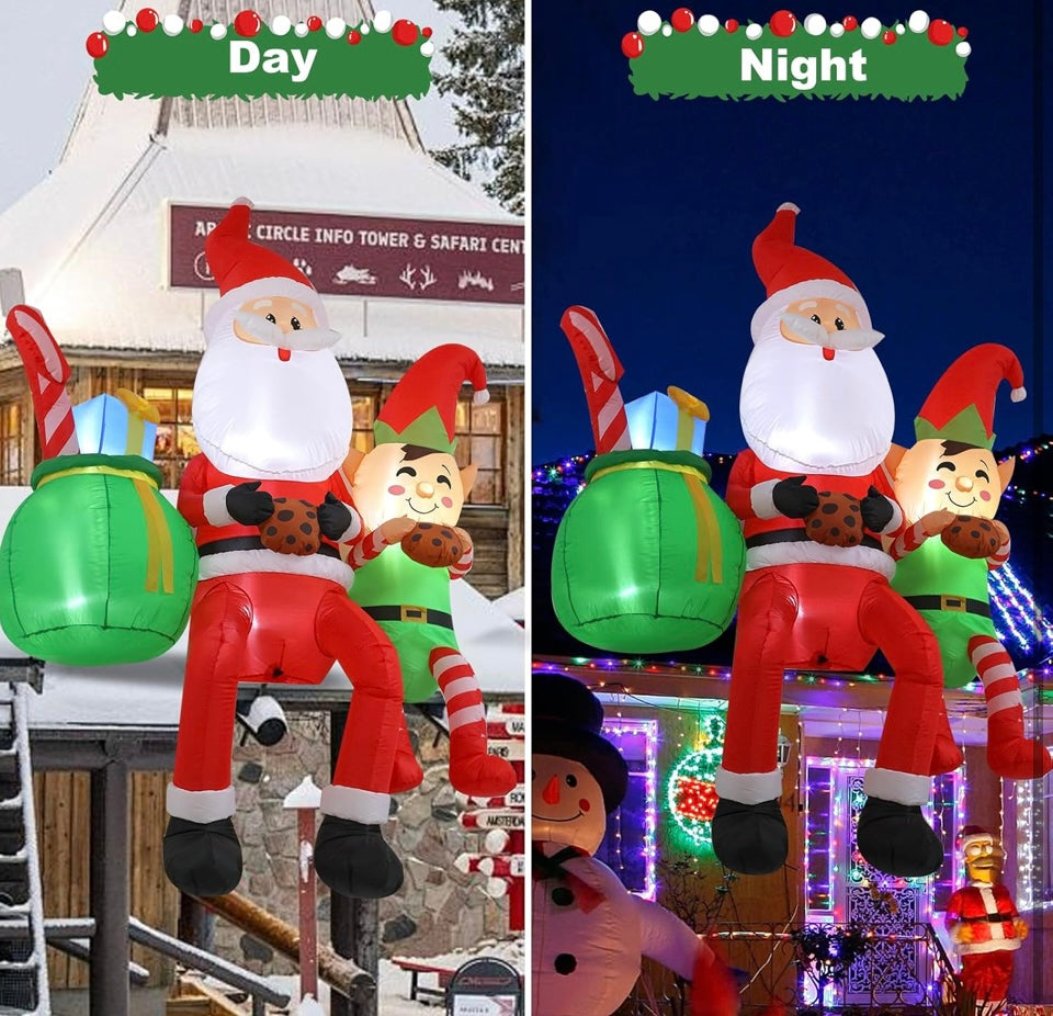 8FT Santa Claus Sitting on The Roof Christmas Inflatable Decoration with LED Lights, Suitable for Holiday Celebration