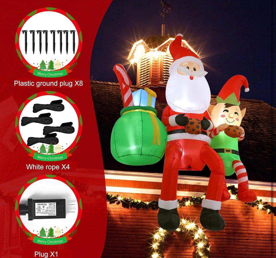 8FT Santa Claus Sitting on The Roof Christmas Inflatable Decoration with LED Lights, Suitable for Holiday Celebration