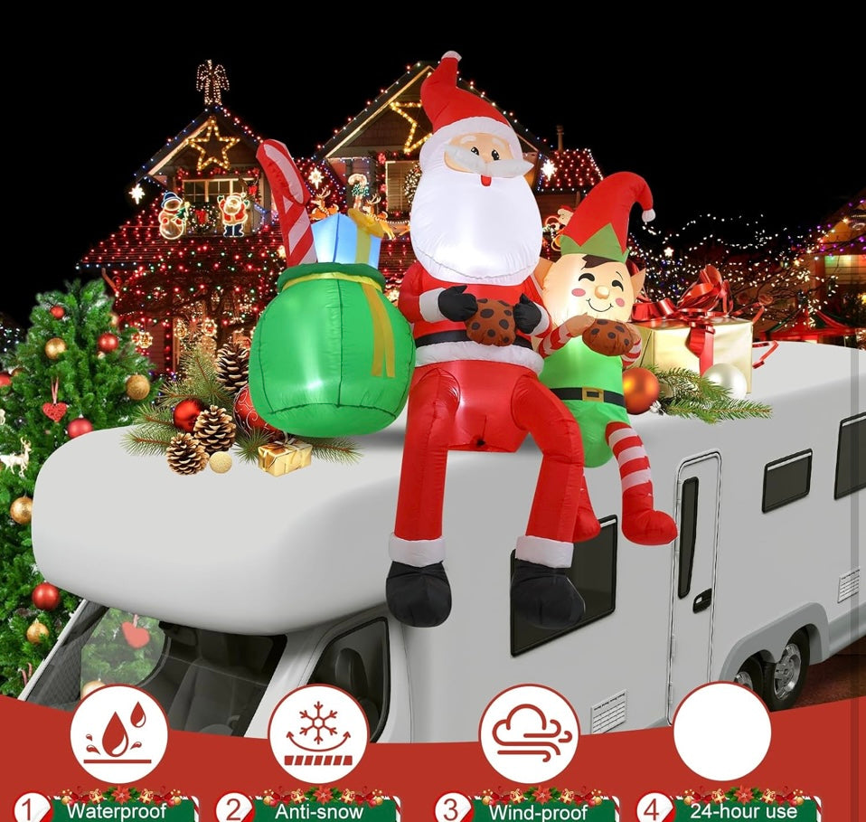 8FT Santa Claus Sitting on The Roof Christmas Inflatable Decoration with LED Lights, Suitable for Holiday Celebration