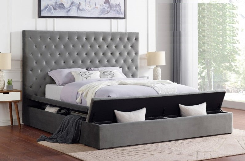 Gray Velvet Side Storage Bed Frame