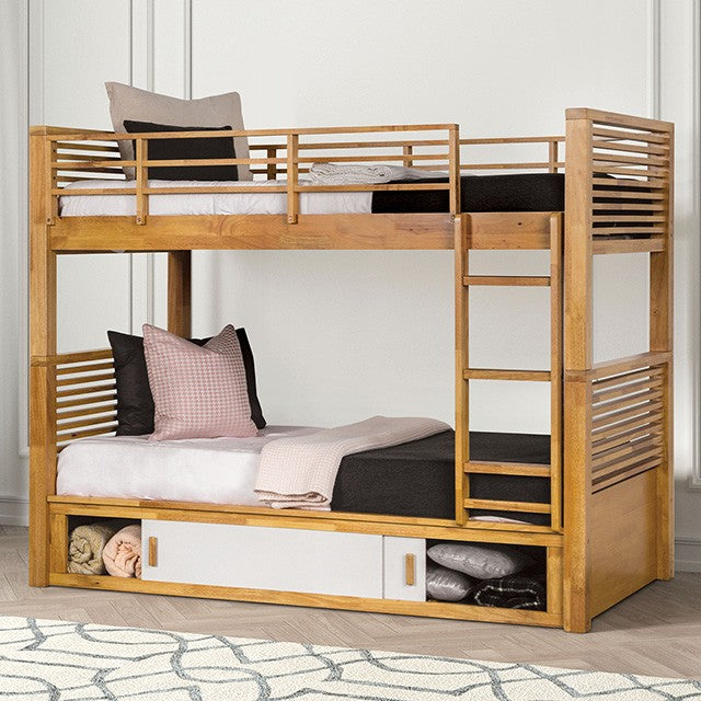 Light Oak Finish Twin over Twin Size Bunkbed Built in Storage