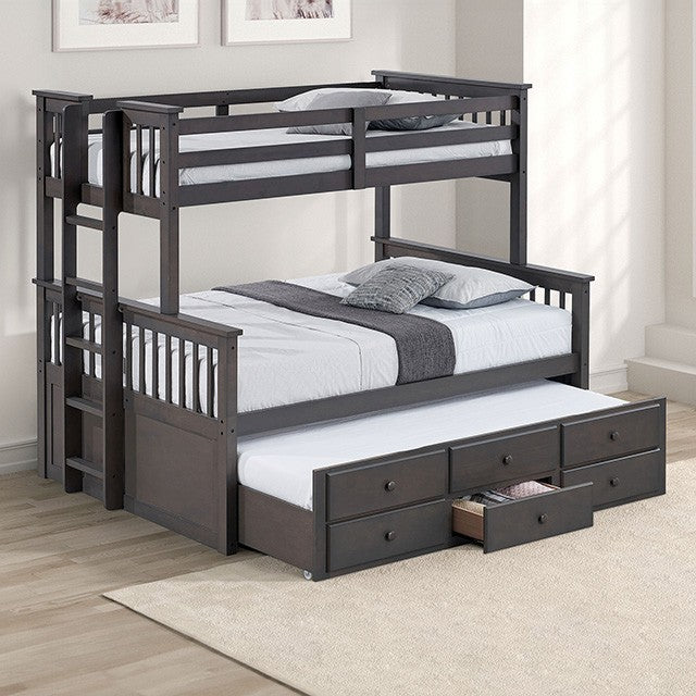 Gray Finish Twin over Full Size Trundle Storage Drawers Bunkbed