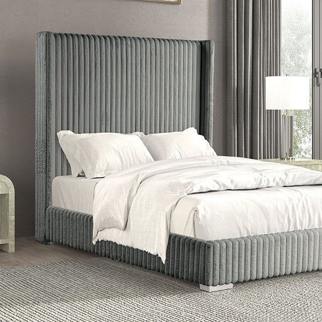 Art Deco Vibe Tall Gray Fur Chenille Bed Frame