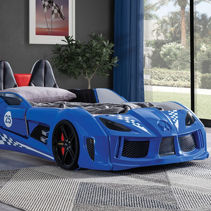 Blue Race Car Design Twin Size Bed LED Lights