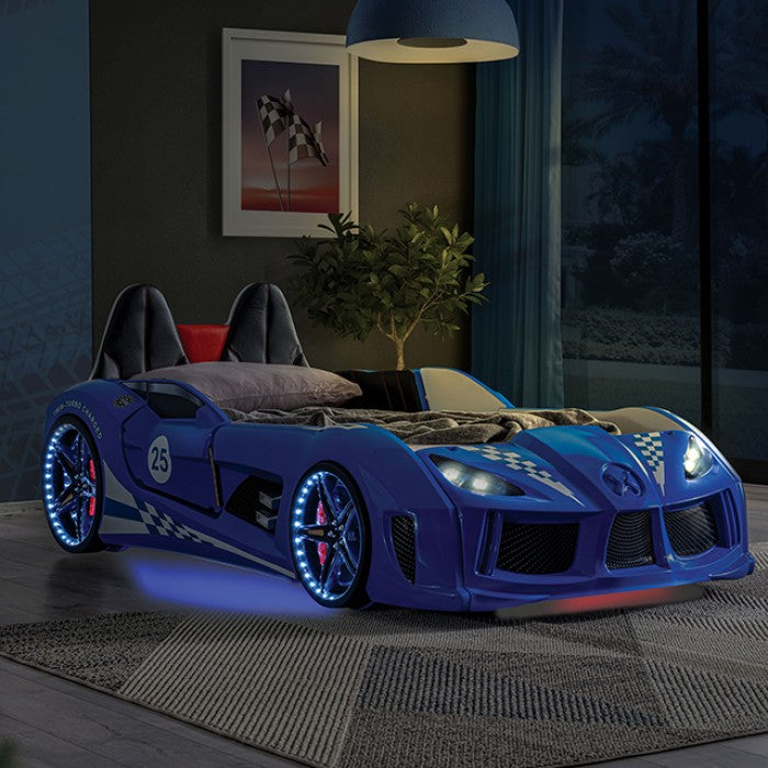 Blue Race Car Design Twin Size Bed LED Lights