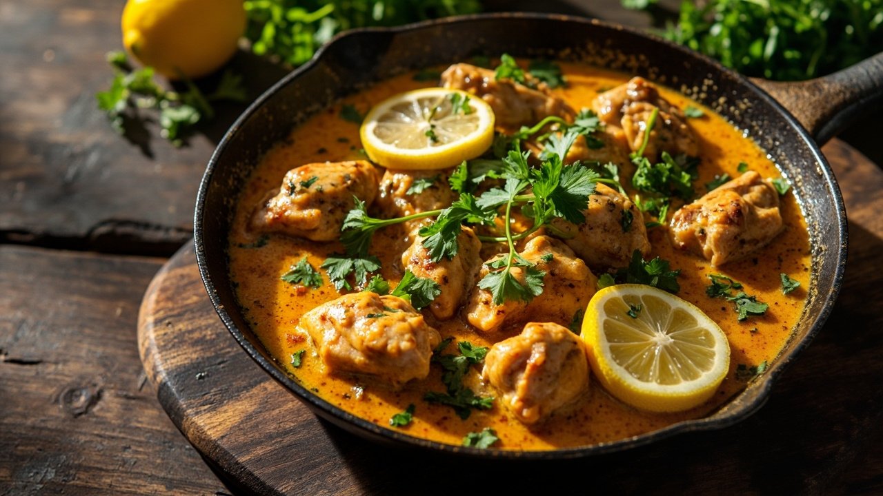 AI-generated keto creamy garlic chicken in skillet with herbs and lemon