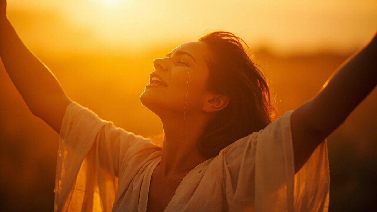 A woman in mid-cry or worship posture under sunlight, hands open toward heaven, raw emotion and strength captured in a moment of spiritual release