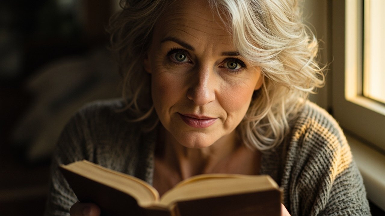 Elegant middle-aged woman smiling softly in natural light, silver strands visible, reading a Bible near a window, radiating peace and wisdom