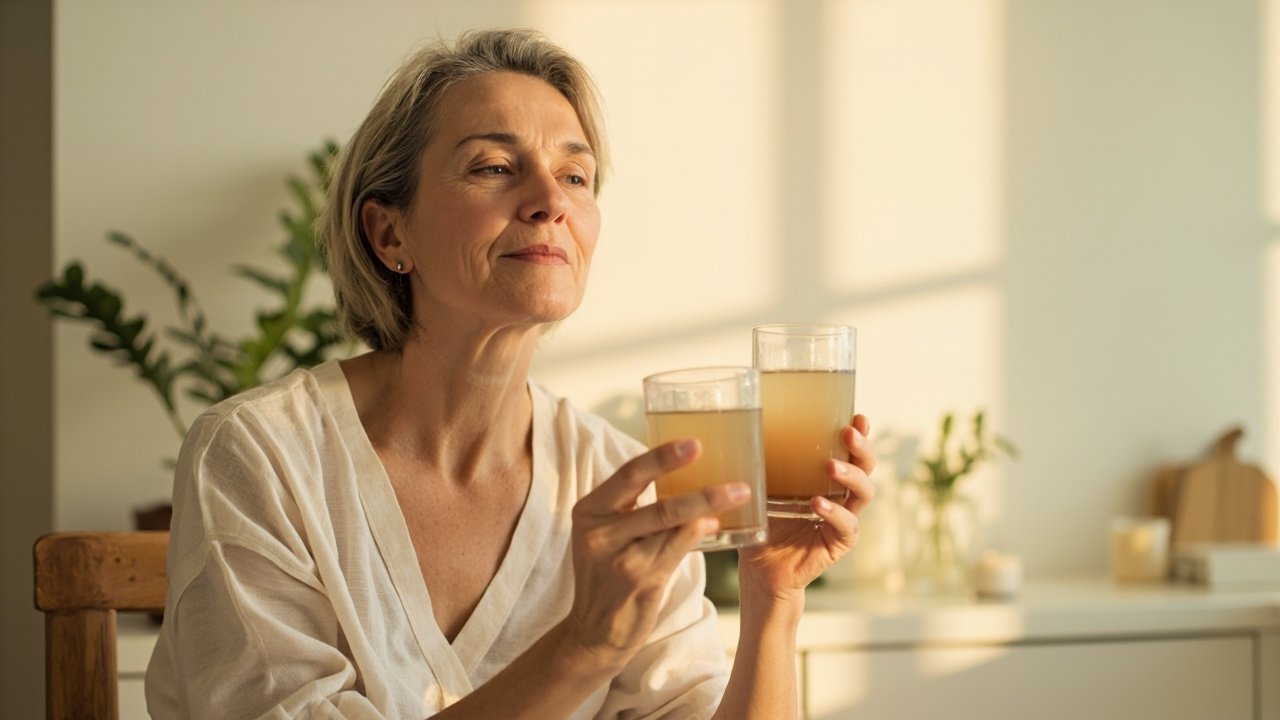 Woman sipping tea with a peaceful smile, natural light, holding a bowl of berries and yogurt, feeling balanced and glowing