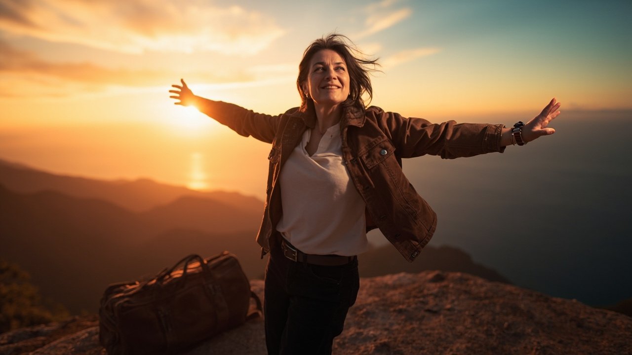 Woman with windblown hair overlooking a scenic mountain or coastal landscape, eyes closed in peace, soft sunset lighting