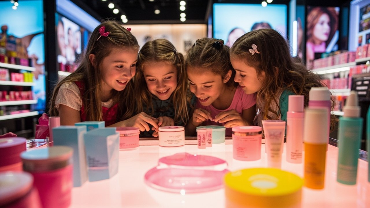 Young girls shopping for skincare at a beauty store, representing the Gen Alpha skincare trend known as “Sephora Kids.”