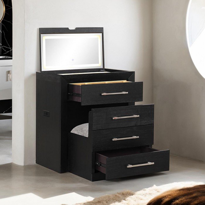 Maximize style and storage with the Ashbourne black vanity set. LED lighting, USB ports, and smart compartments make this piece a must-have for modern spaces
