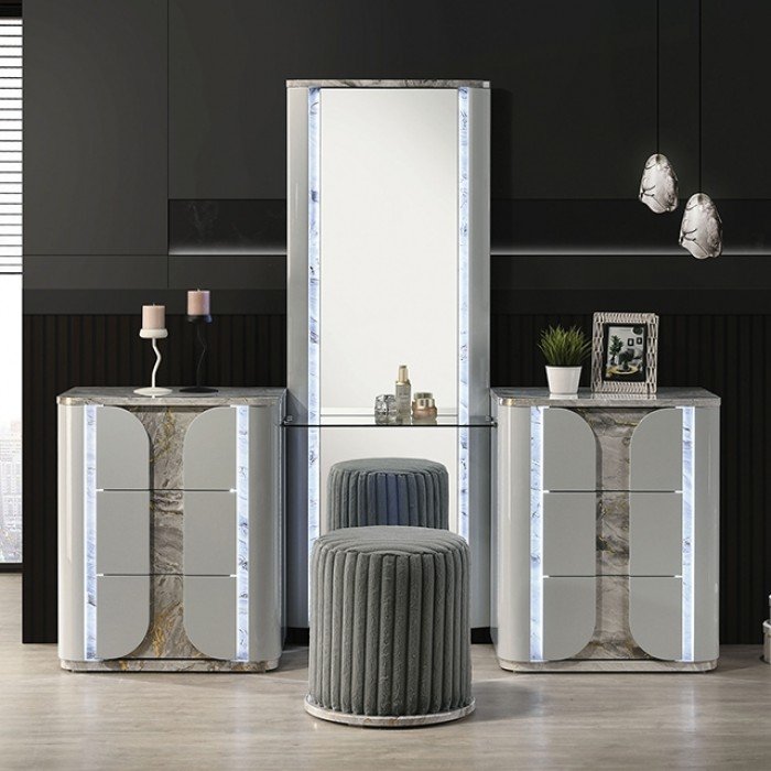 Add luxury and storage to your space with the Cleburne Vanity Set. With LED lighting, marble texture, and gold foil, it's the perfect modern-glam vanity for any high-end home