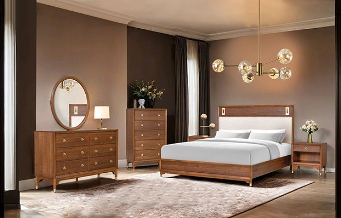 Walnut queen bed set with upholstered headboard, dresser, and LED reading lights