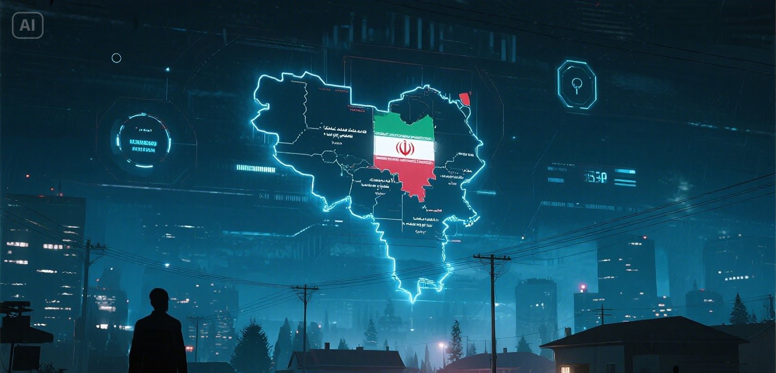 Shadowy suburban street with digital map of Iran in the sky, symbolizing sleeper cell surveillance and activation risk in 2025.