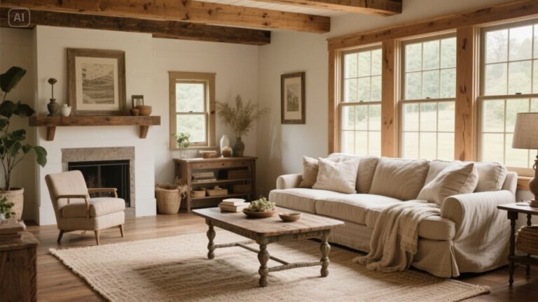 A rustic farmhouse living room with wooden beams, a linen sofa, vintage coffee table, and cozy earthy-toned décor.