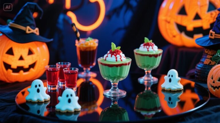 halloween keto Witch’s Brew Matcha Pudding bloody jello shots ghost mirangue cookies eery halloween theme