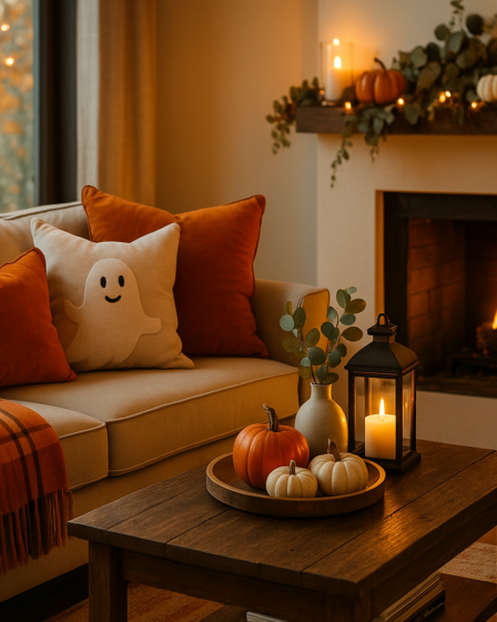A styled cozy living room with pumpkins, throws, and lantern glow — the perfect balance of Halloween charm and Thanksgiving warmth.